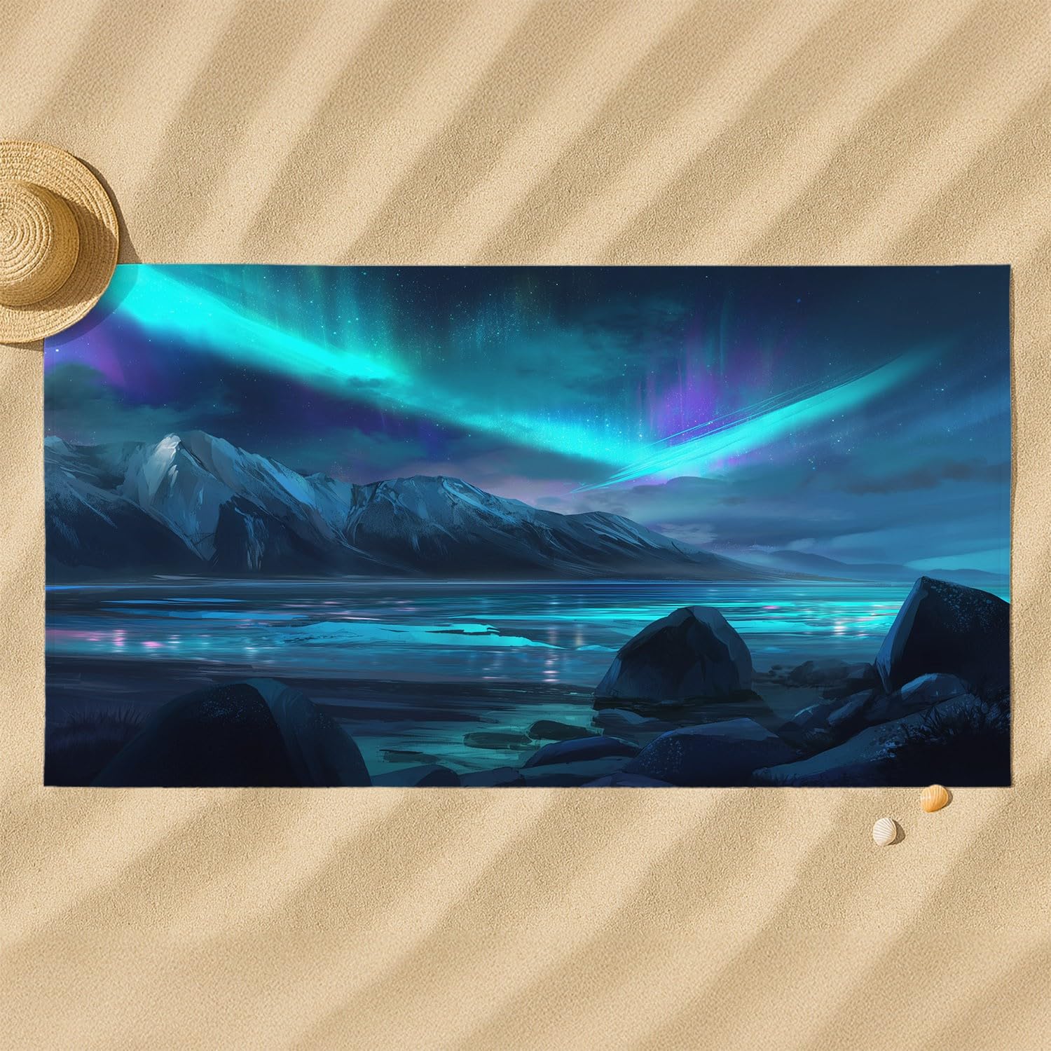 Asciugamano da spiaggia in microfibra Dreamy Ethereal, telo da spiaggia elegante natura paesaggio, cielo notturno, aurora, ghiaccio, asciugatura rapida, anti sabbia e leggero, asciugamano da bagno