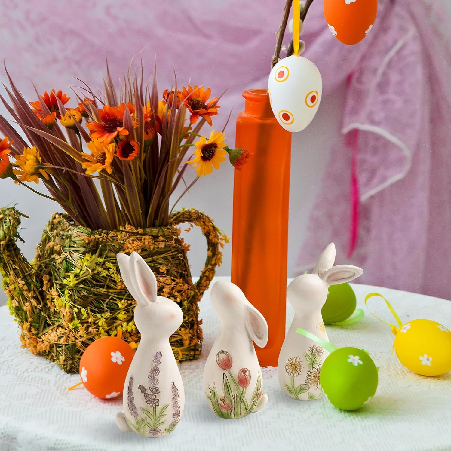 Set of 3 Easter Bunny Figurine, Resin Wildflower Bunny Decorations for Home Indoor, Spring Rabbit Small Statue Living Room Table Centerpieces Mantel Tiered Tray Shelf Office Desk Top Decor - Image 5