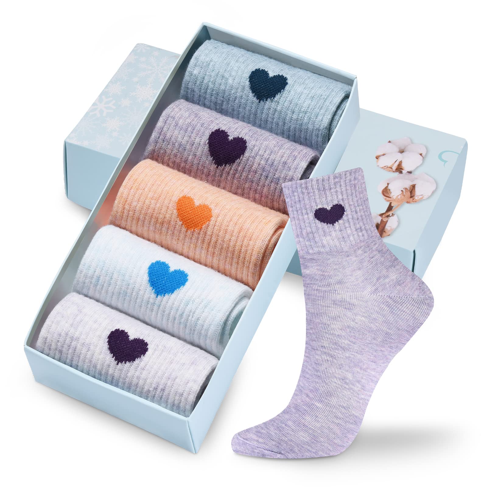 Corlap Calcetines deportivos de algodón para mujer, hasta el tobillo, divertidos y divertidos con diseño de corazón, 5 pares de regalos para madre/ella