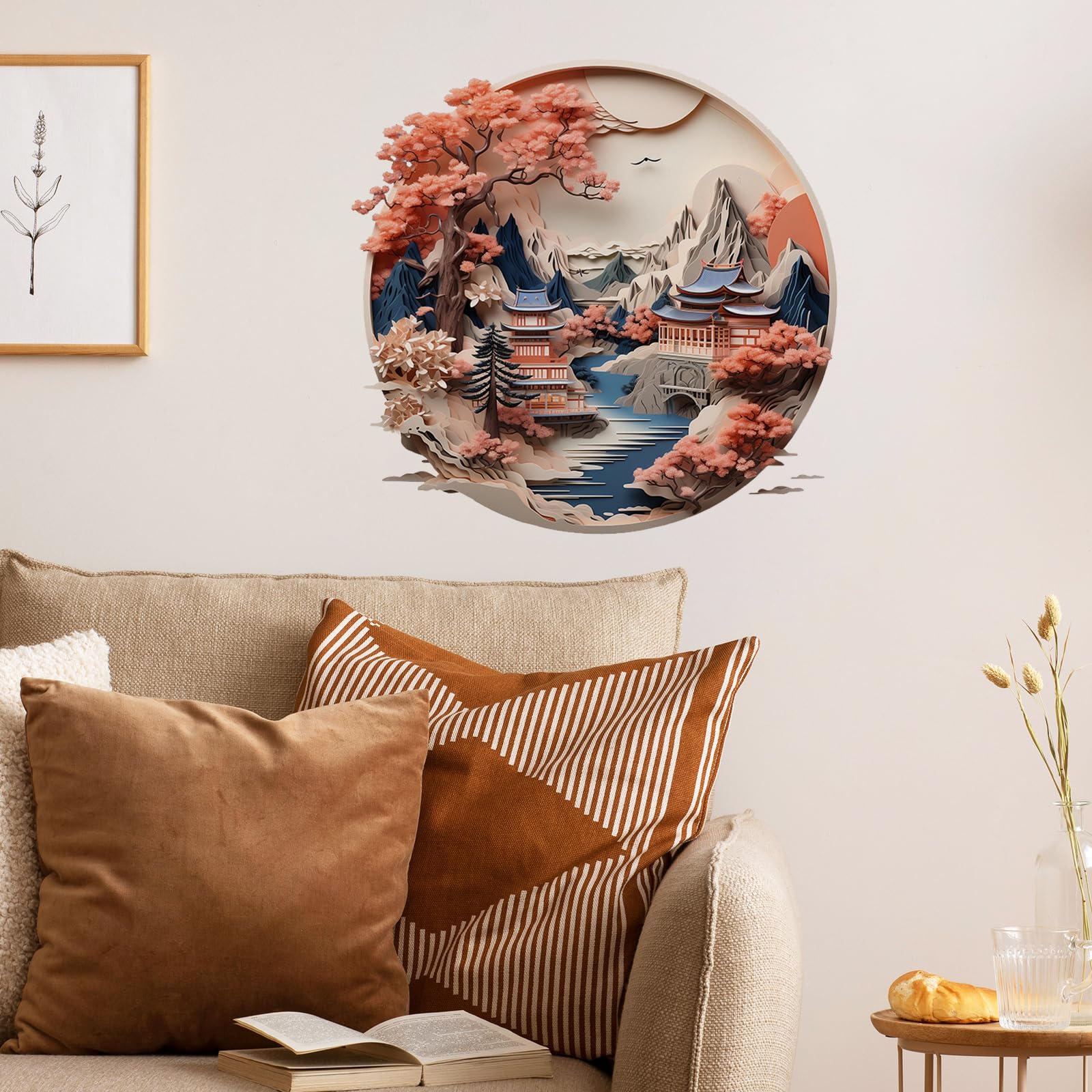 RoyoLam Warm Tones Chinese Landscape Chinese Paper Cutting Style Window Wall Decal for Kids - Paper Style Wall Sticker | Removable, Waterproof, and