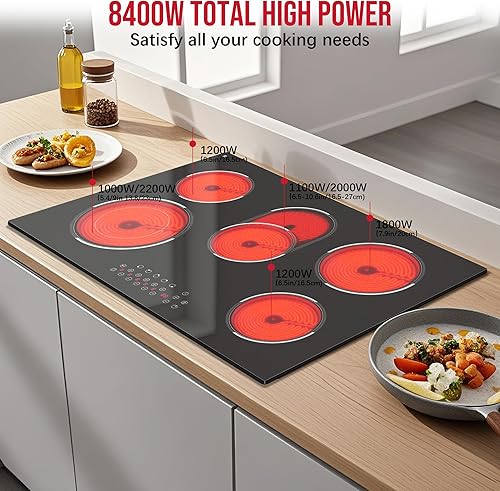 Miniatura 2 de Estufa eléctrica de 30 pulgadas, estufa eléctrica de 5 quemadores incorporada de 8400 W, placa de cocina de cerámica de vidrio de 30 pulgadas con