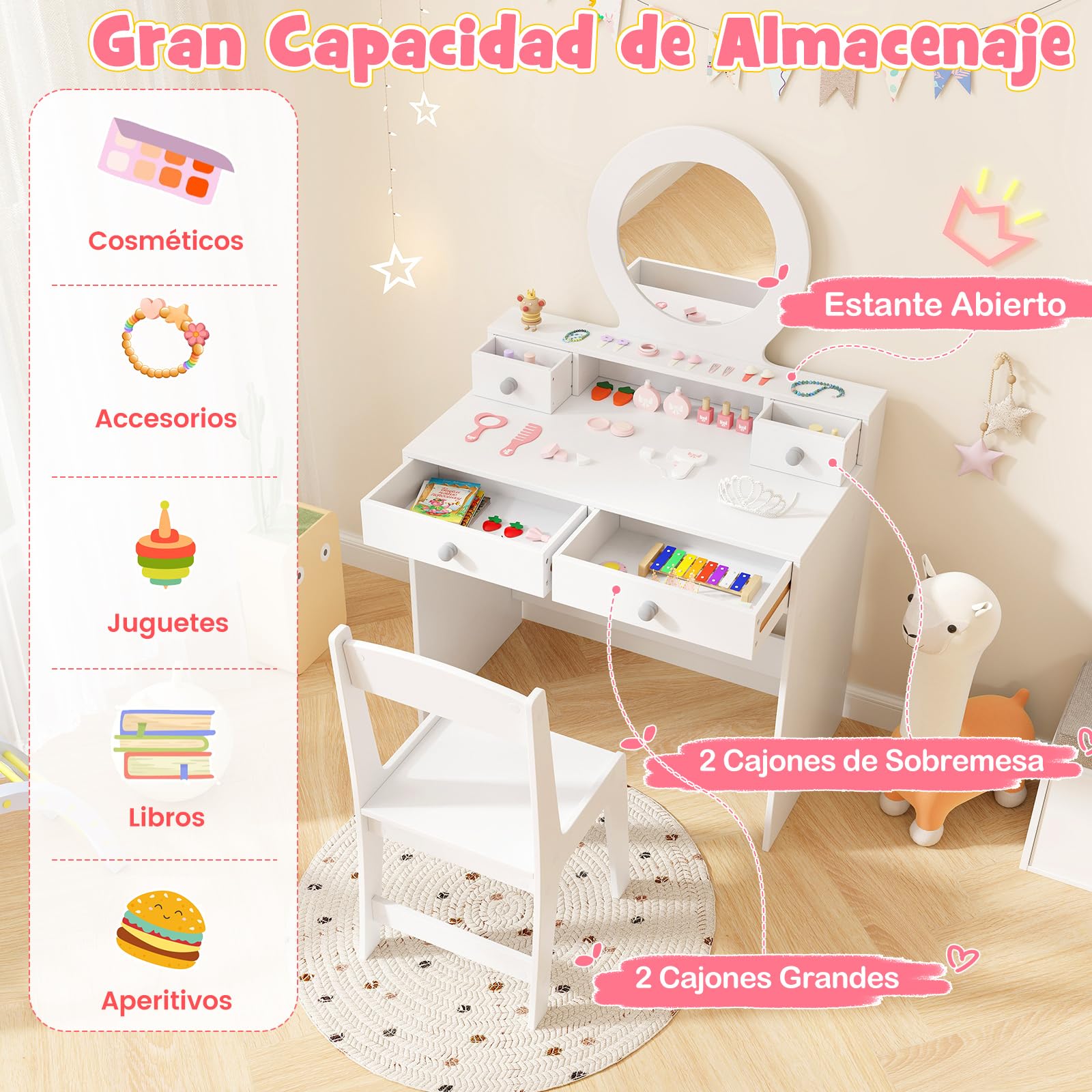 COSTWAY Tocador Niña, Tocador de Maquillaje Niña con Espejo, Tocador Madera Infantil con Estante Abierto y 4 Cajones de Almacenamiento, Tocador de Juguete para Niñas de 3+ Años (Blanco)