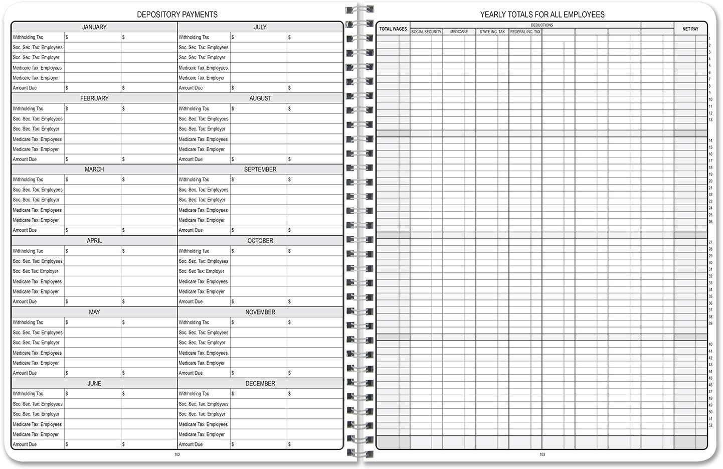 BookFactory Payroll Record Book/Employee Payroll Weekly Log Book/Logbook/Journal - 100 Pages, 8.5"x11", Wire-O, (LOG-104-7CW(Payroll)-BX) : Office Products