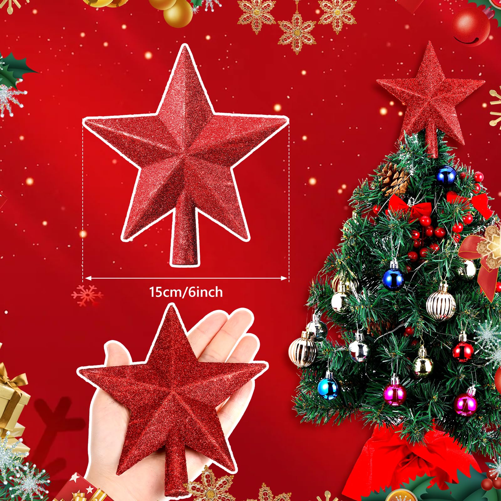 Hanaive 6 Inches Christmas Tree Topper Glitter Star Tree Topper Christmas Tree Decoration Treetop Decorative Star Ornaments for Home Christmas Xmas Party Holiday Decor (Red)