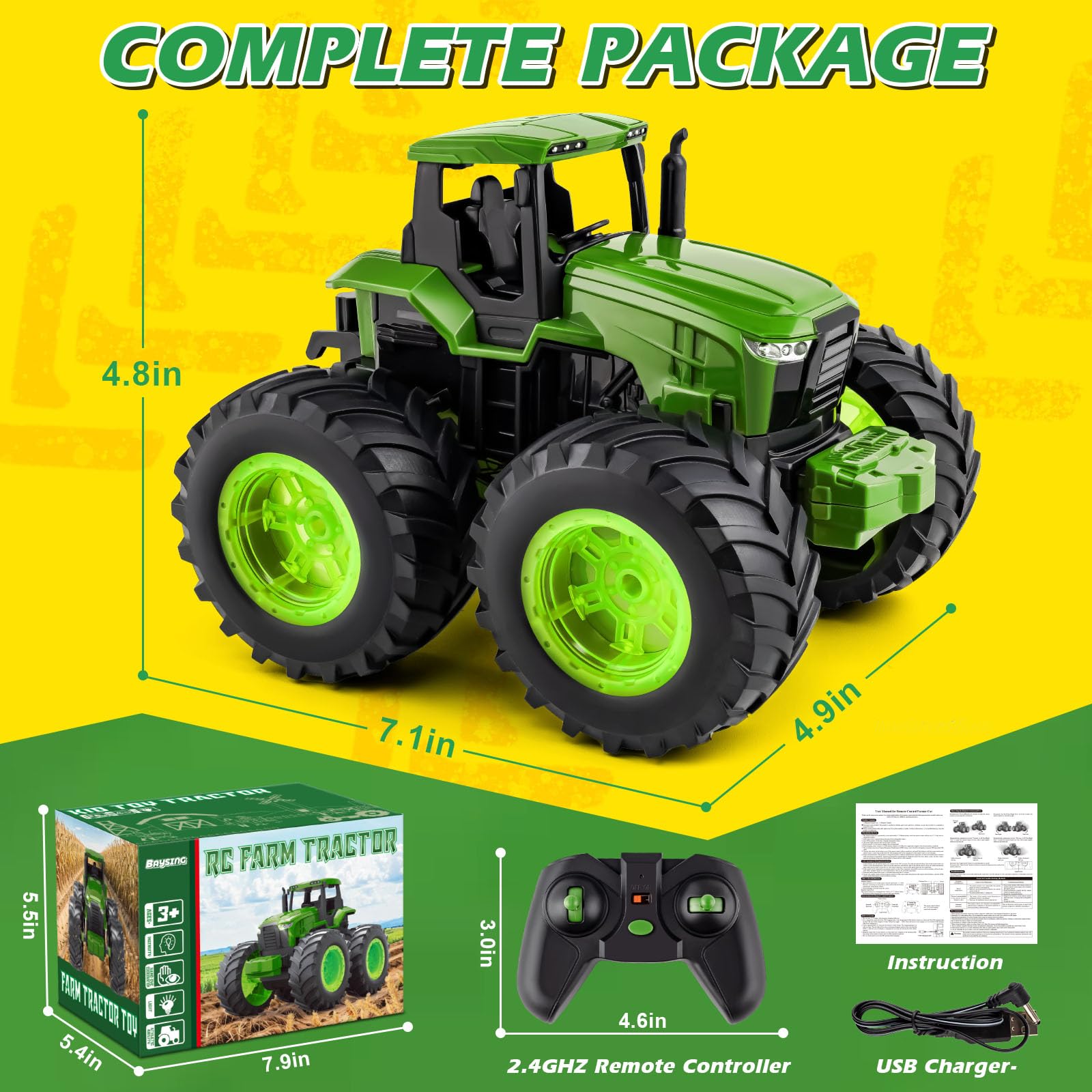 Remote Control Tractor Toys for Kids 3-5, Light Up Monster Trucks Toy for Boys 3,4,5,6,7 Year Old, Toddlers RC Farm Vehicle Toys for Ages 3-7 Years Old, Ideal Birthday Toys Gift for Boys Girls