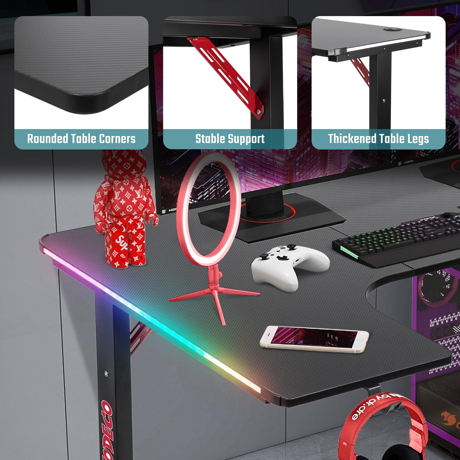 Todeco 140 x 100 cm L-förmiger Gaming Schreibtisch, Eckschreibtisch mit LED | mit Kopfhörerhaken, Getränkehalter, 40 RGB-Modi mit Fernbedienung, höhenverstellbare Beinpads, Kohlefaseroberfläche