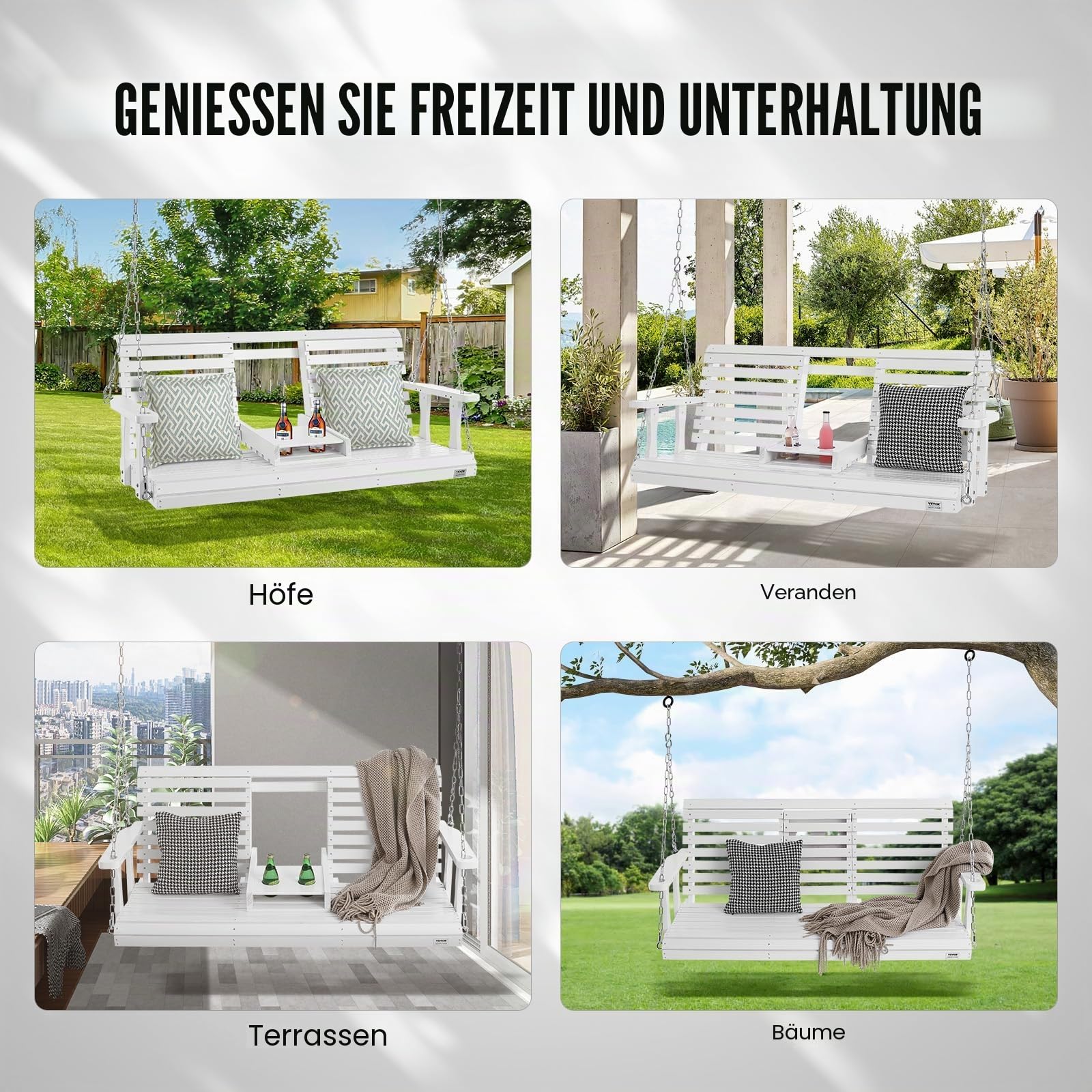 VEVOR Hollywoodschaukel Zedernholz, 1523x710x600mm, Terrassenschaukel für Hof und Garten, verbesserte Tragkraft von ca. 400 kg, robuste Schaukelstuhlbank mit Aufhängeketten für den Außenbereich, weiß