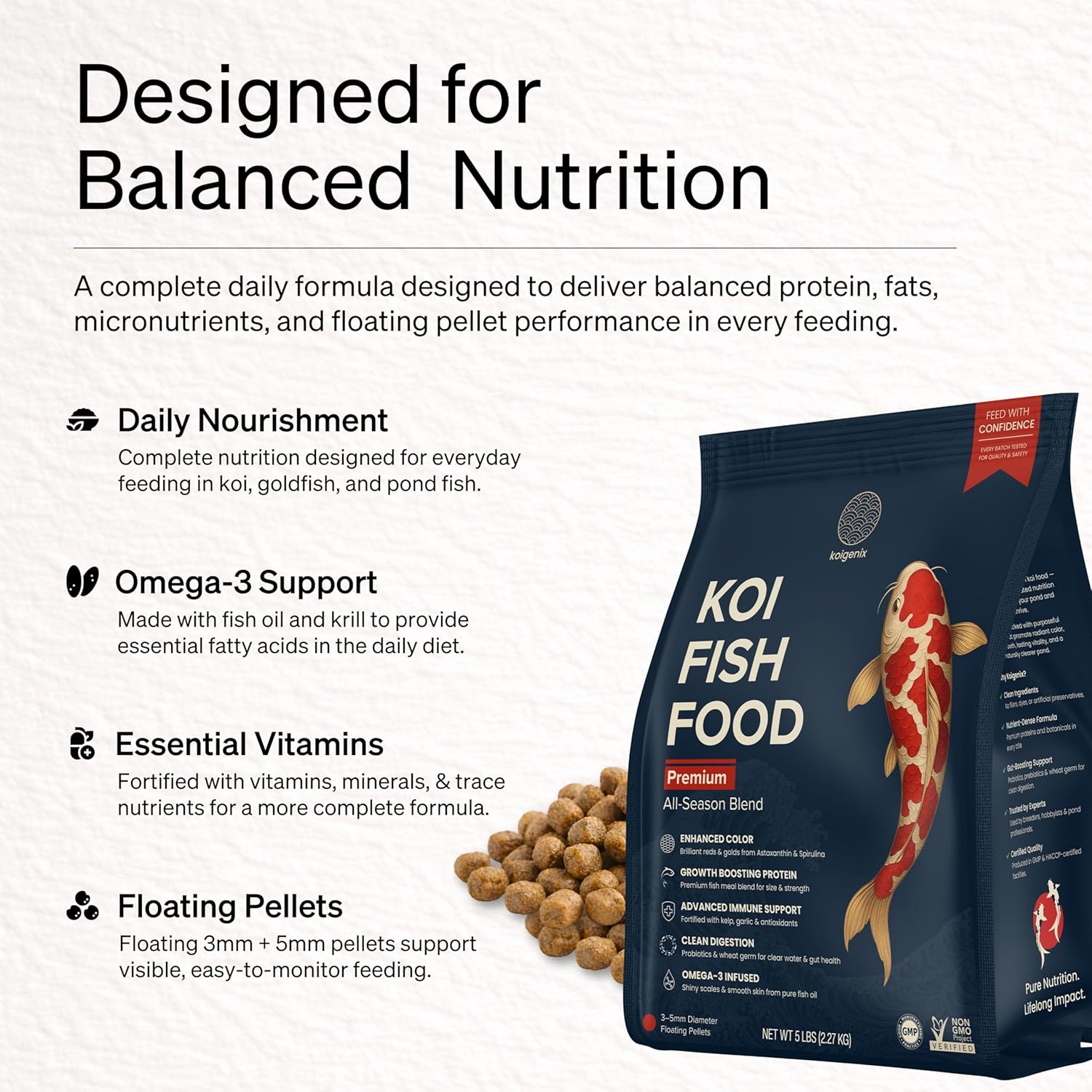 Koi Fish Food (5lb) – Growth & Color Formula, High Protein Floating Pellets with Spirulina, Krill & Probiotics, Easy to Digest, Cleaner Water, All Season – for Koi, Goldfish & Pond Fish