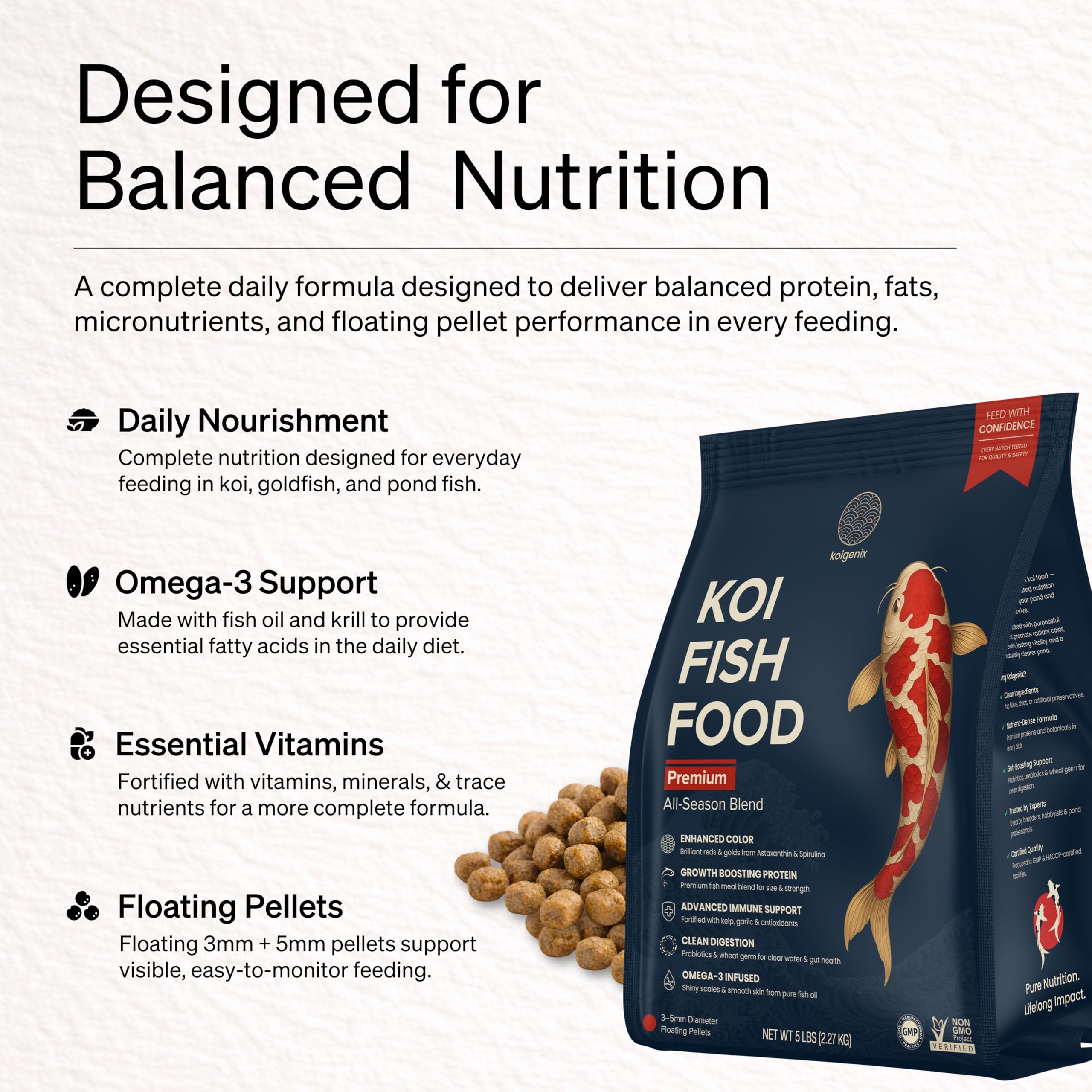 KOIGENIX Koi Fish Food (5lb) – Growth & Color Formula, High Protein Floating Pellets with Spirulina, Krill & Probiotics, Easy to Digest, Cleaner Water, All Season – for Koi, Goldfish & Pond Fish — view 6