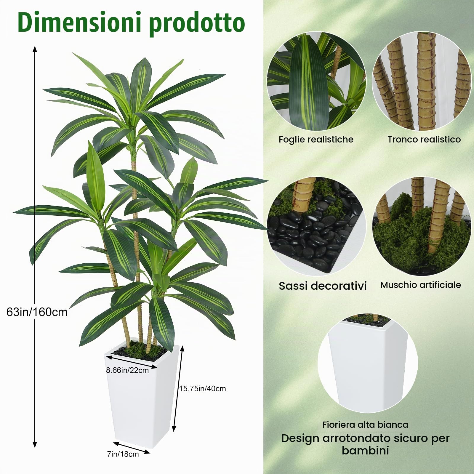Piante Finte da Interno Grande 160cm Albero di Dracaena Artificiale | Albero Finto da Interno con Vaso Bianco, Piante Artificiali di Plastica, Albero Artificiale per Soggiorno Ufficio Deco