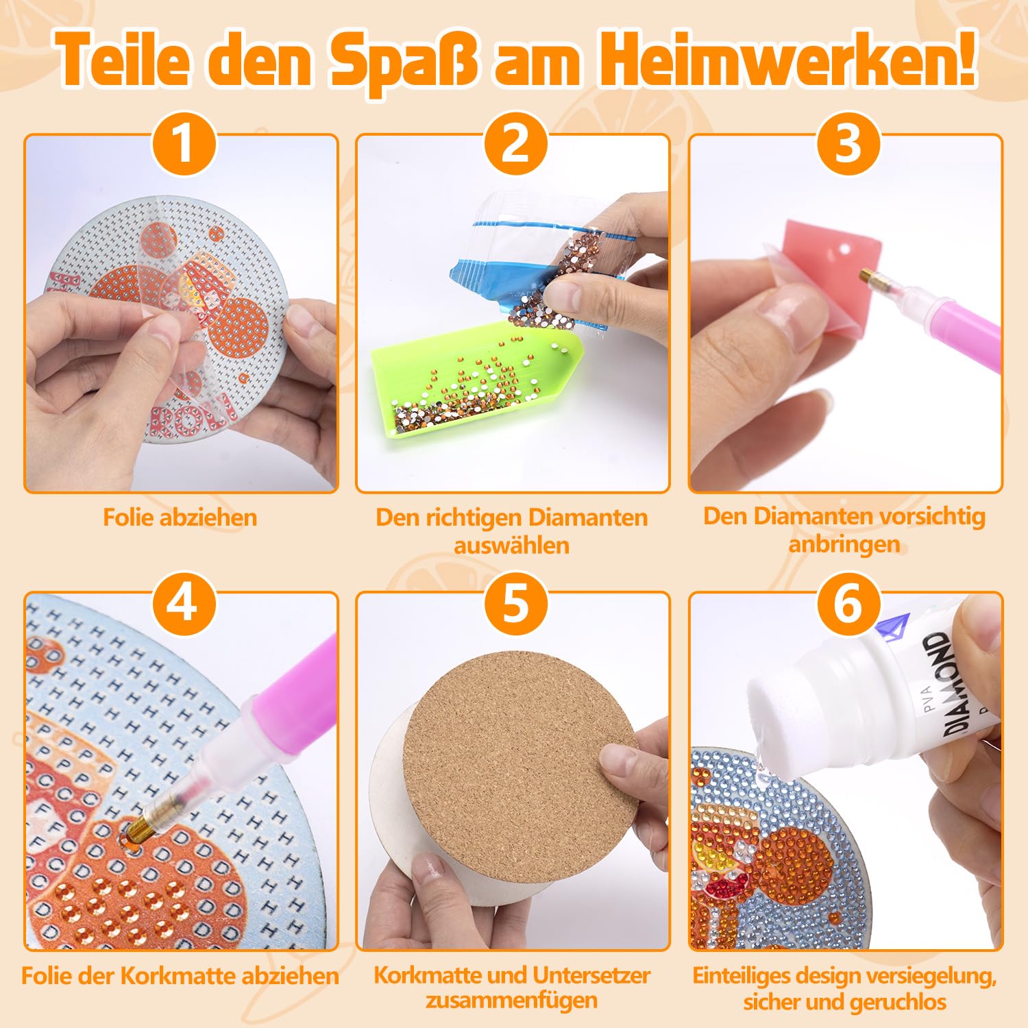 8 Stück Diamond Painting Untersetzer Aperol Spritz Geschenke Frau Cocktail Diamant Painting Untersetzer mit Korkmatte Halter Cocktail Diamond Painting Versiegelung Zubehör