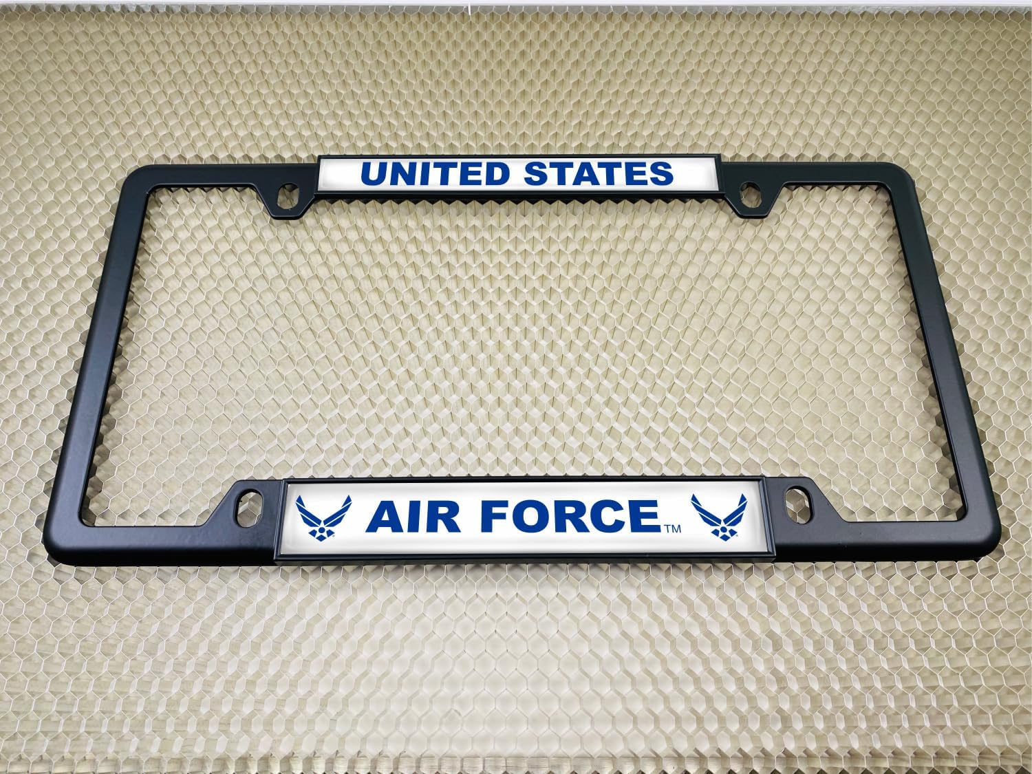 [Officially Licensed Product] - U.S. Air Force - Domed Custom-Made Personalized Narrow (Thin) Top 4 Hole Metal Car License Plate Frame with Free caps - Black (Quantity: 1 Frame)