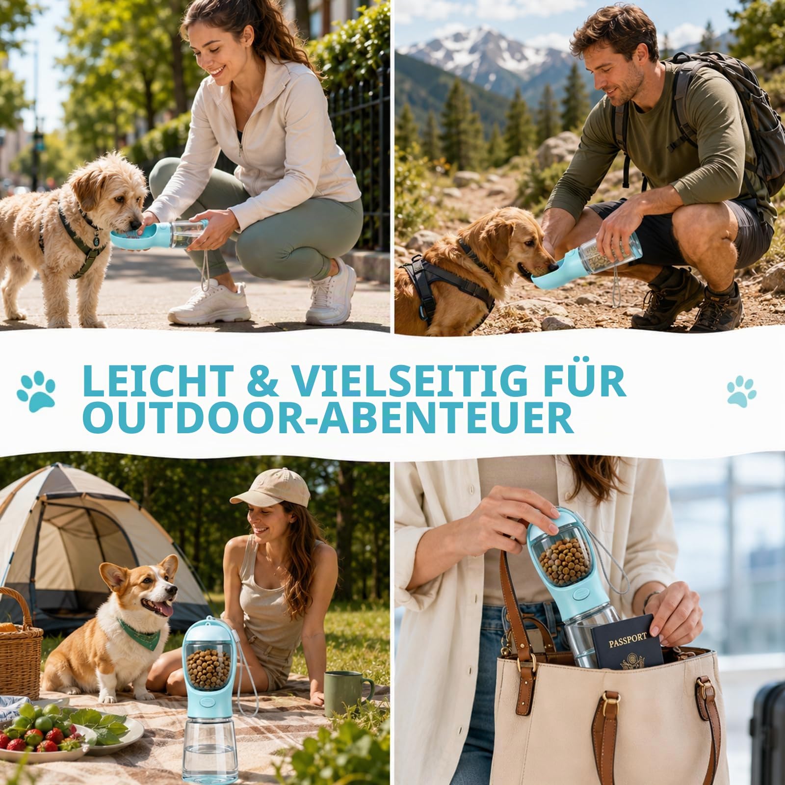 4-in-1 Hundetrinkflasche für Unterwegs – Auslaufsicheres Design mit Integriertem Napf, Futterfach & Kotbeutelhalter für Spaziergänge – Geeignet für Kleine bis Mittelgroße Hunde & Katzen