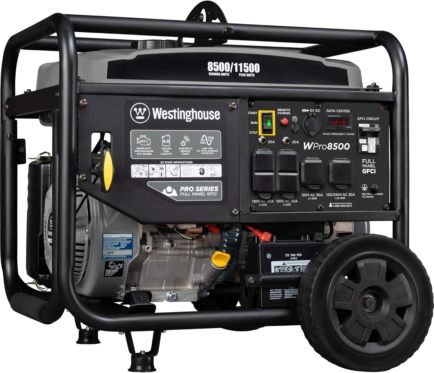 Westinghouse WPro8500 Super Duty Industrial Portable Generator, 8500 Rated Watts and 11500 Peak Watts, Gas Powered, Electric and Remote Start, OSHA and CARB Compliant