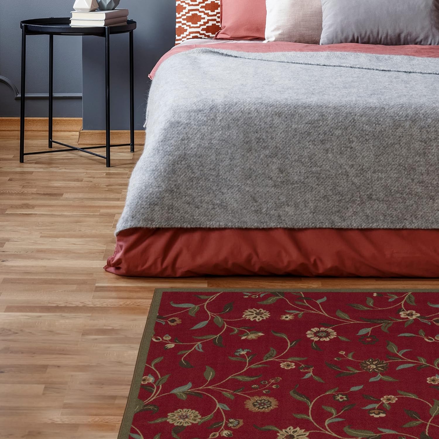 Machine Washable Floral Leaves Design Non-Slip Rubberback 3x5 Traditional Area Rug for Living Room, Bedroom, Kitchen, 3'3" x 5', Red Floral Red Area Rug - 3'3" x 5'