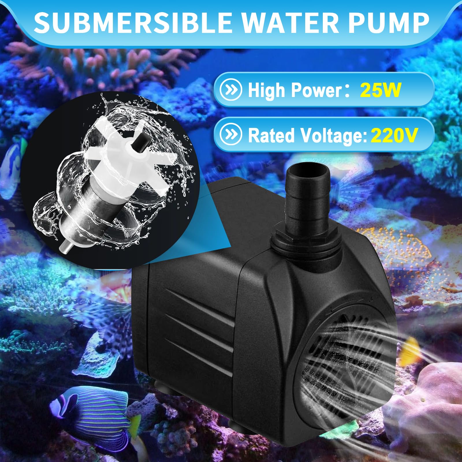 Bomba de Agua 25W 1800L/H 220V Mini Bomba de Acuario, Bomba Ajustable con 3 Boquilla y Cable de Alimentación, Bomba Sumergible Jardín Fuente de Estanque