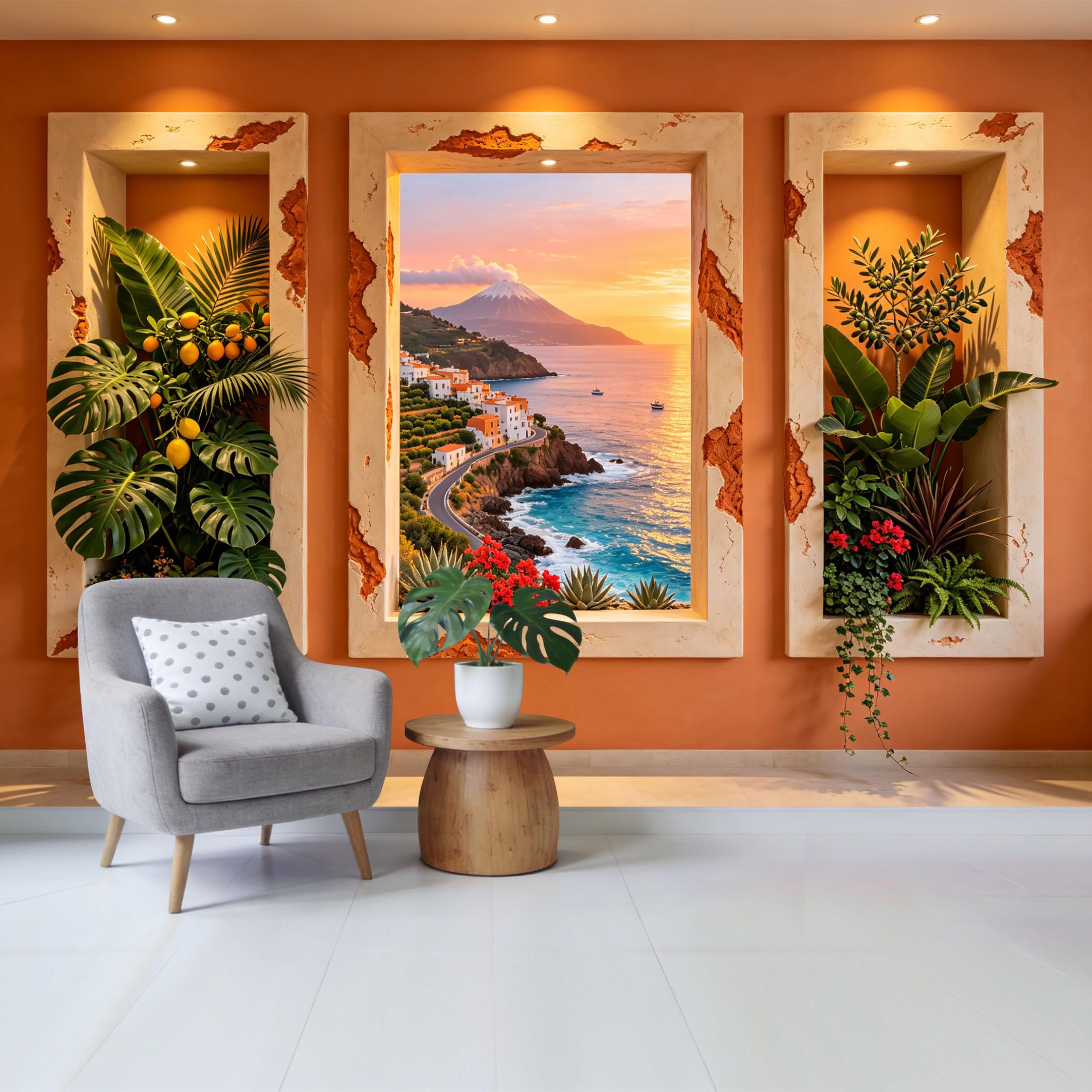 Removable Self Adhesive Fabric Mural， Mediterranean Coastal Landscape Tropical Botanical Custom Size Wall Covering， UV Protected Waterproof Washable Wall Decor for Living Room Bedroom