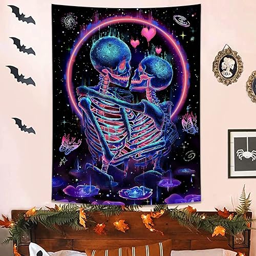 Miniatura 8 de Fungarth Tapiz de esqueleto, diseño de hongos, calavera, plantas botánicas, tapices florales estéticos para dormitorio, amantes de los besos, tapiz