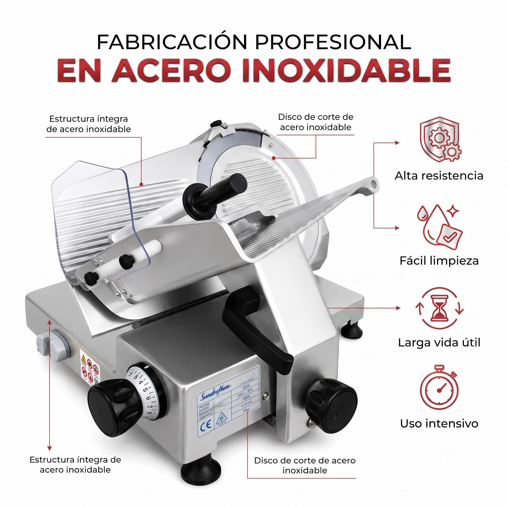 Cortadora de Fiambre Profesional SXE220 | Cortafiambres Eléctrico para Jamón y Embutidos | Cuchilla RASSPE 220 mm | Regulación 0-15 mm | Afilador Integrado | 240 W