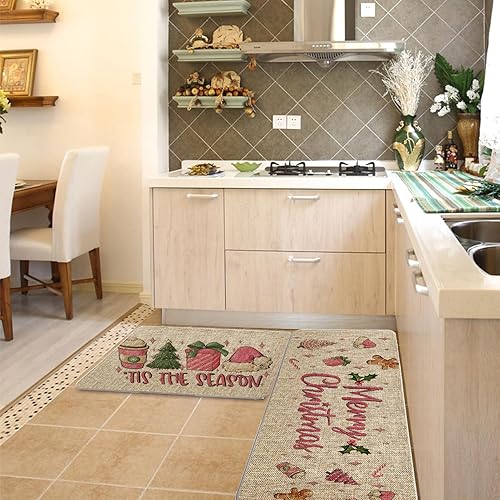 Miniatura 4 de GAGEC Tis The Season - Juego de 2 tapetes de cocina de Navidad, invierno, granja, fiesta, para el hogar, cocina, baño, decoración de Navidad rosa,