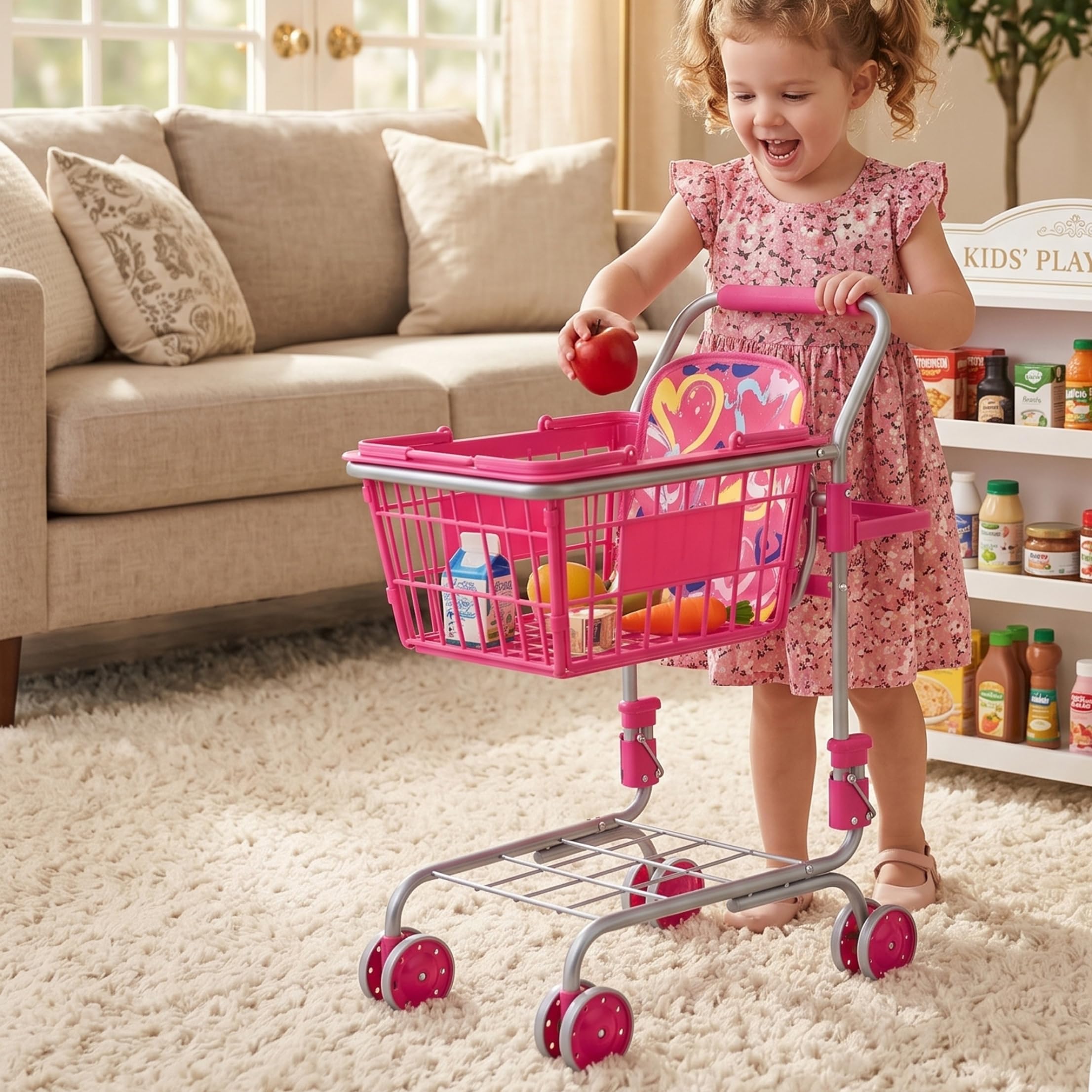 Carrello della Spesa Giocattolo Carrello della Spesa Pieghevole per Bambini con Cestino Rimovibile e Ruote girevoli a 360°
