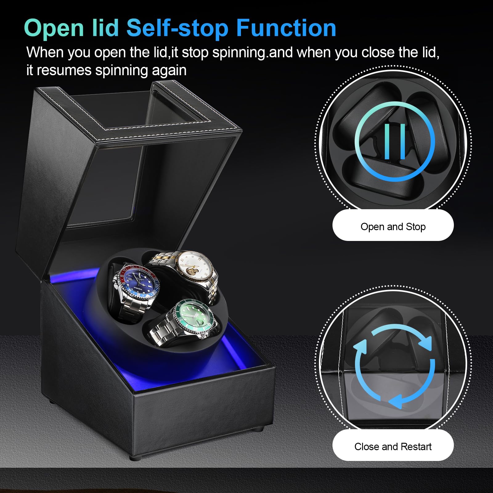 J&T Technology Remontoir de montre automatique avec lumière LED, boîtier rotatif avec moteur silencieux japonais, 4 modes de rotation, USB de type C