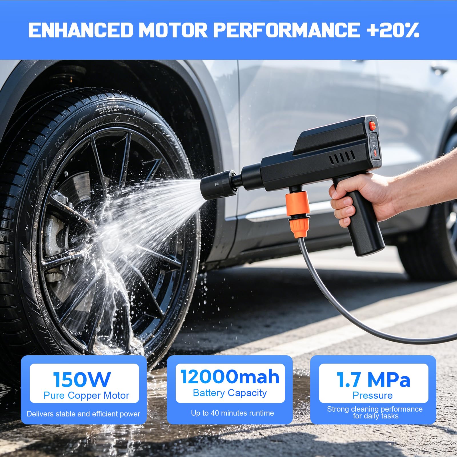 Hidrolimpiadora Inalámbrica 12000mAh, 4 Niveles, Carga USB-C y 12V | Limpiadora a Presión Portátil, Boquilla 5 en 1, Manguera 5 m, Depósito de Espuma para Coche, Bicicleta y Jardín