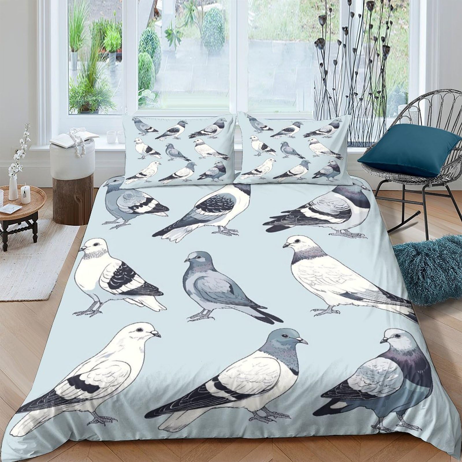 Housse de couette oiseaux 140x200cm fermeture éclair facile