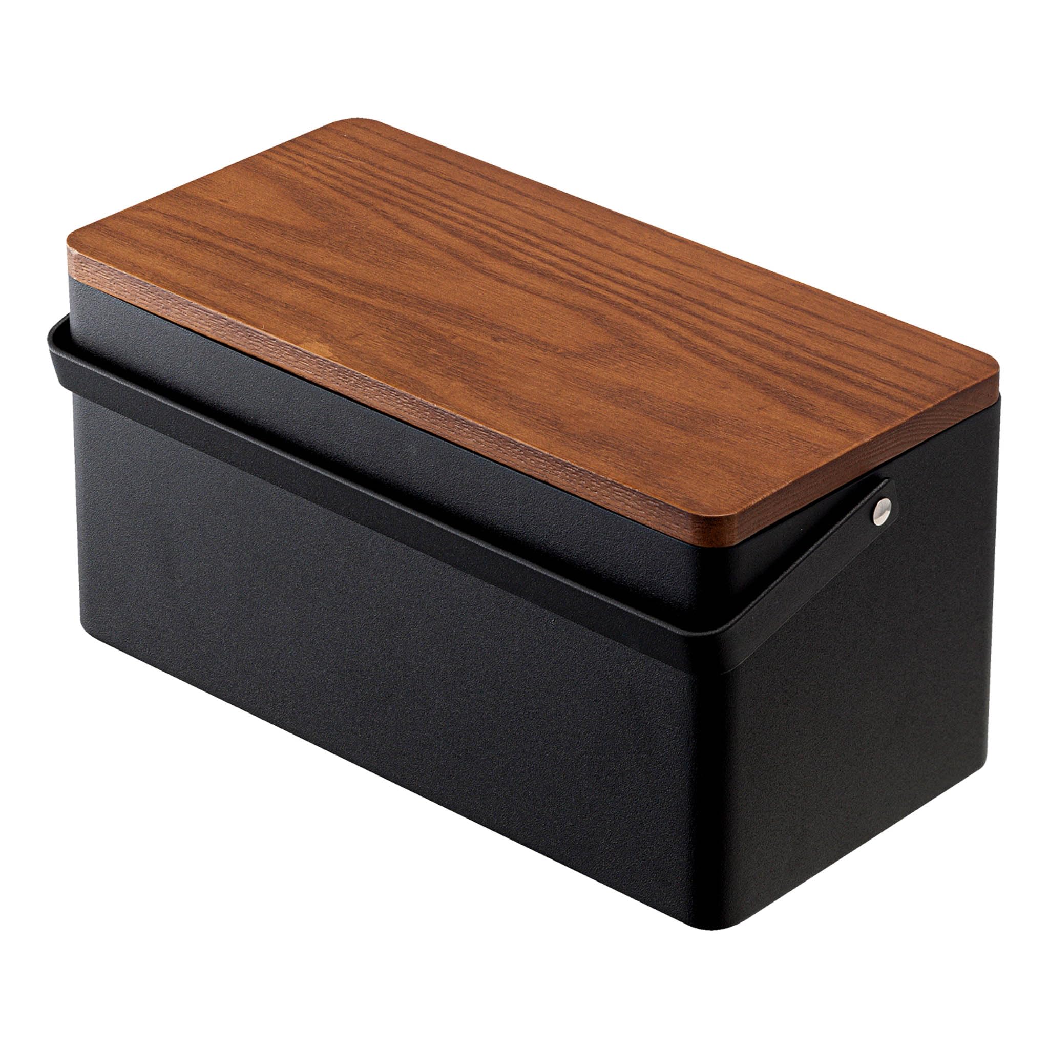 Yamazaki TOWER Nähkasten aus Stahl - mit Holzdeckel, Nähkorb, inkl. Nähkissen, für Nähutensilien - 27 x 14 x 13,5 cm, japanisches Design, schwarz