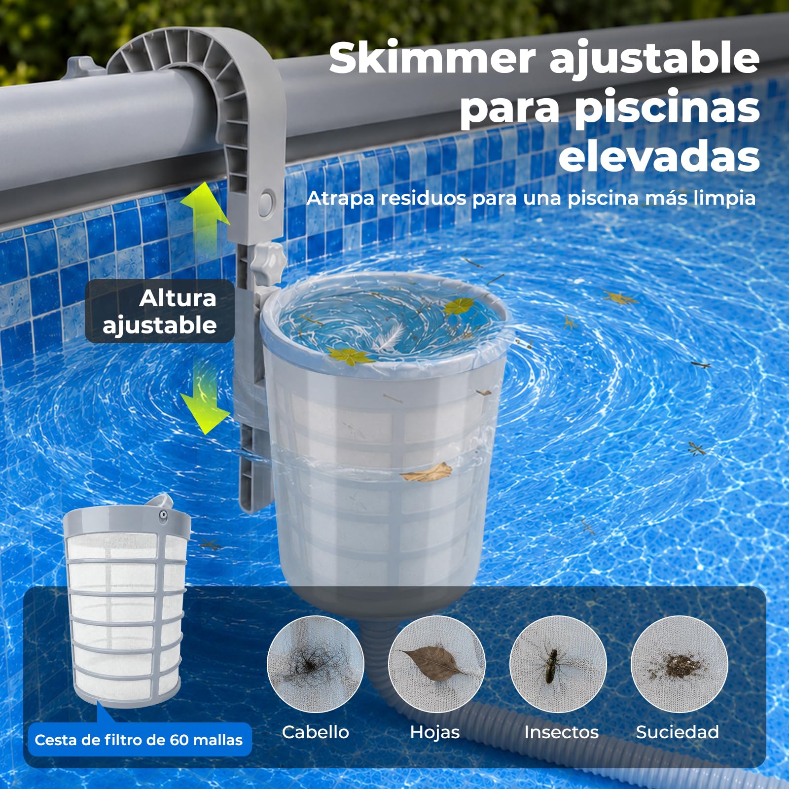 Skimmer Piscina Fuori Terra, Skimmer Piscina con Carrello Filtro 60 Maglie | Skimmer - Calzini filtranti, adatti per piscine con struttura in acciaio e piscine gonfiabili