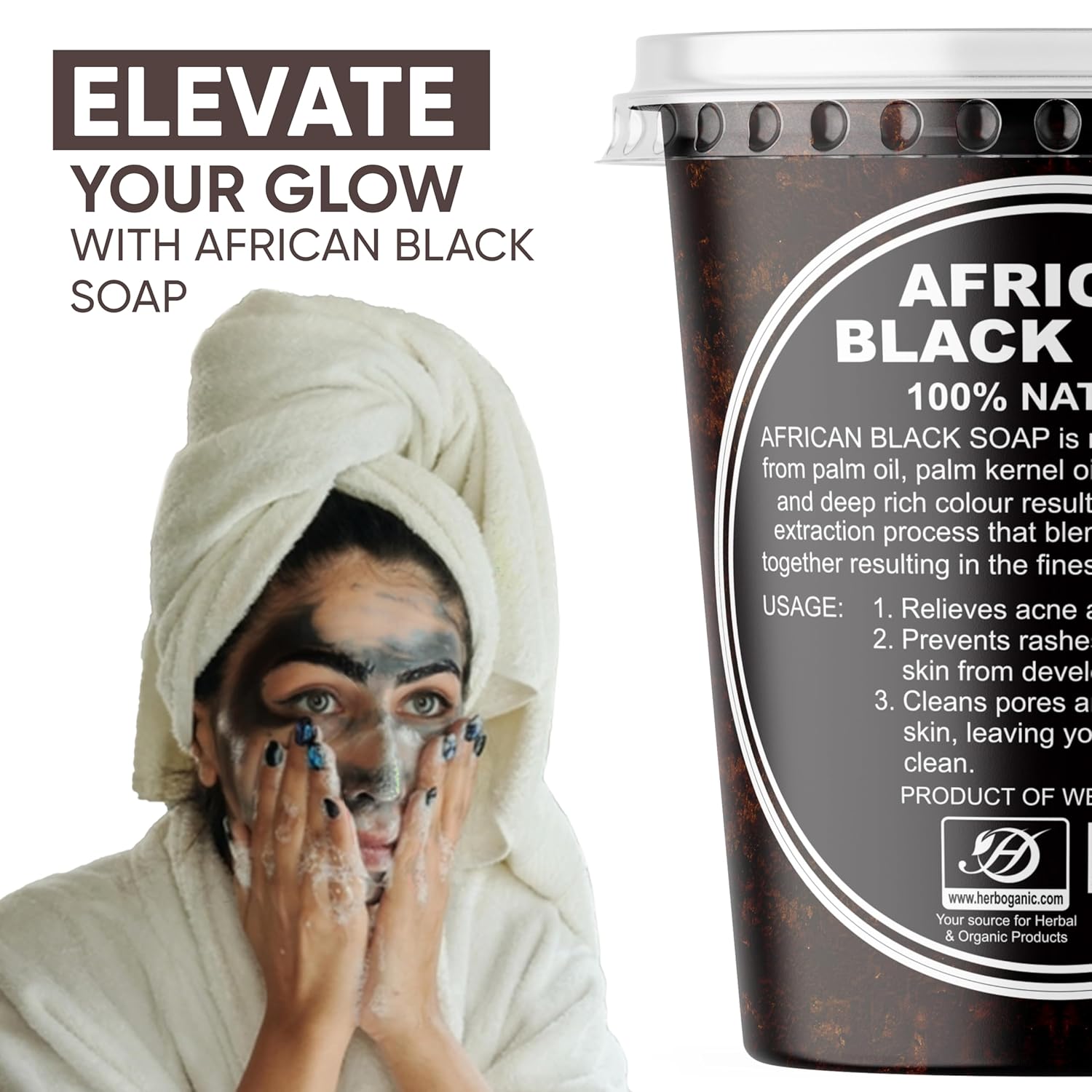 HERBOGANIC Raw African Black Soap Paste 32 oz - 100% pure natural Product of Ghana with benefits of Shea Butter - black soap is great for acne, Eczema, blackheads, face, hair and body wash.