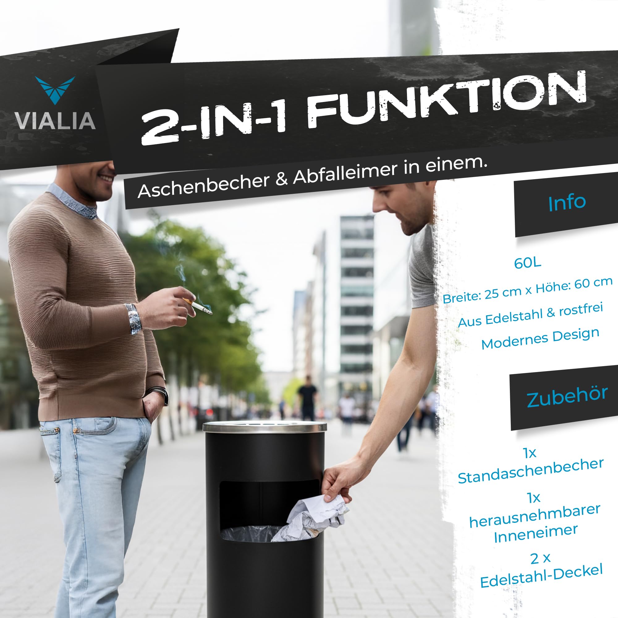 Standaschenbecher für draußen, 2-in-1 Mülleimer mit Aschenbecher