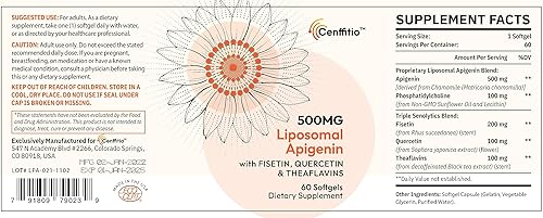 Miniatura 10 de Cenffitio Cápsulas blandas de apigenina liposomal de 500 mg, suplemento óptimo de apigenina con fisetina, quercetina y teaflavinas, suministro para