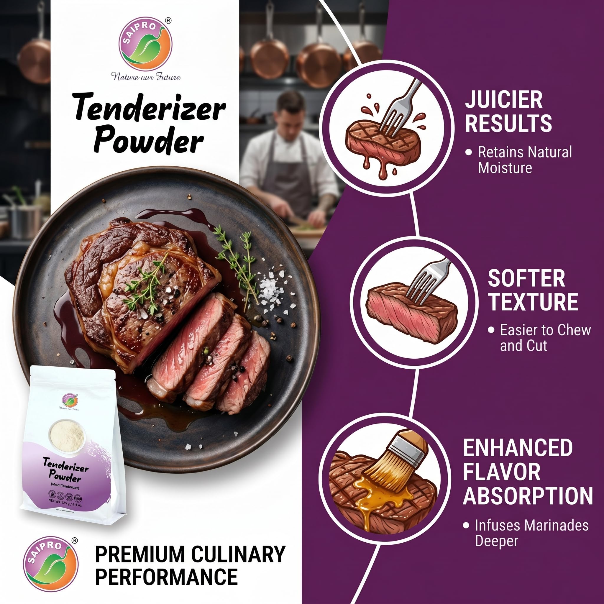 Saipro Meat Tenderizer Powder 125 gm, Meat Rub softtner, veg kofta softner| kachri powder |Bbq Rub, 100% Veg product, Gluten Free, Natural, Non GMO 2