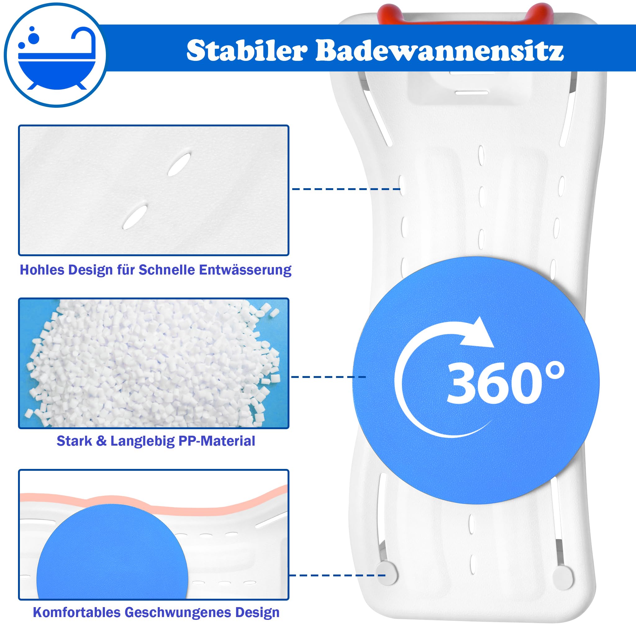 SUBTLETY Planche de bain 76 x 34 cm avec plaque tournante pour baignoire de 41 à 63 cm - Réglable avec planche d'assise en polypropylène et poignée de sécurité noire - Charge maximale : 150 kg - Pour