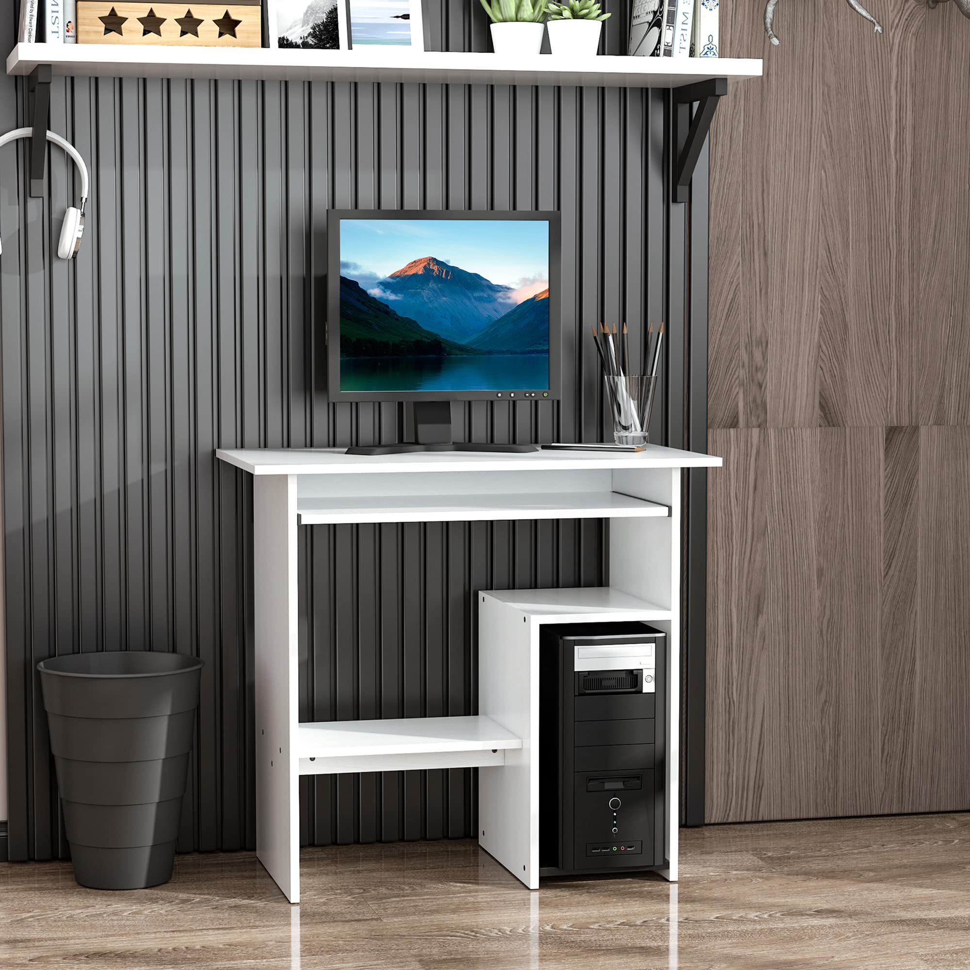 HOMCOM Scrivania Salvaspazio da Casa e Ufficio Porta PC 80x45x75cm Bianco | Scrivania per Computer Moderna, Porta PC, Ripiano per CPU, Mensola per Tastiera Estraibile in Legno