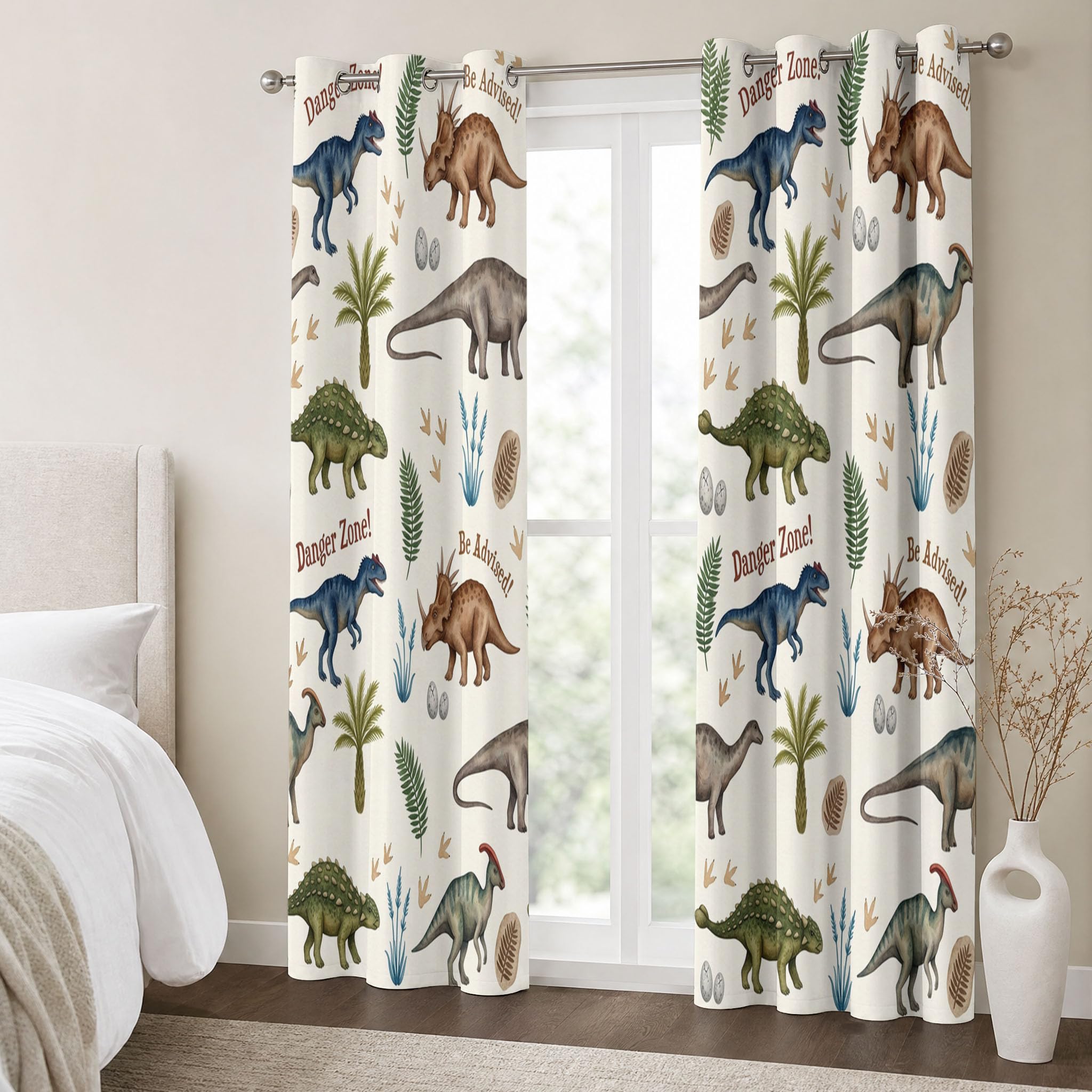 Dinosaure À L'Aquarelle Rideau - Thème Animalier Rideau Occultant Thermiques, L140×H240Cm (2 Panneaux) Rideaux À Oeillets pour Decoration Chambre Salon, Beige Marron