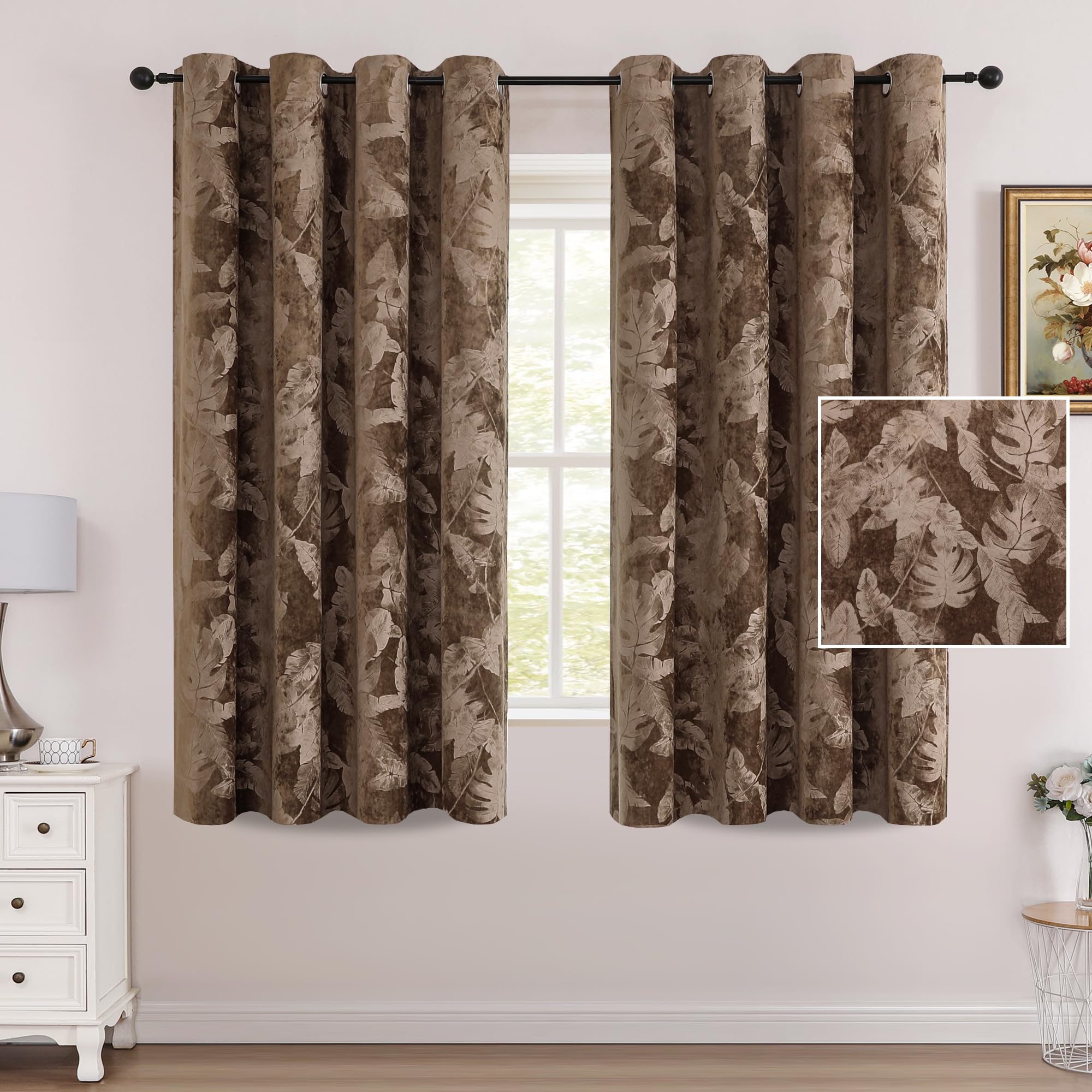H.VERSAILTEX Leaf Pattern Velvet Curtains Thermal Insulated Soundproof Room Darkening Curtains for Classical Living Room Bedroom Luxury Decor Grommet