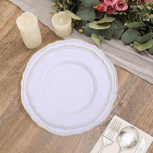 Efavormart - Paquete de 10 platos llanos de plástico con borde festoneado blancodorado de 9 pulgadas, platos desechables de fiesta para bodas,
