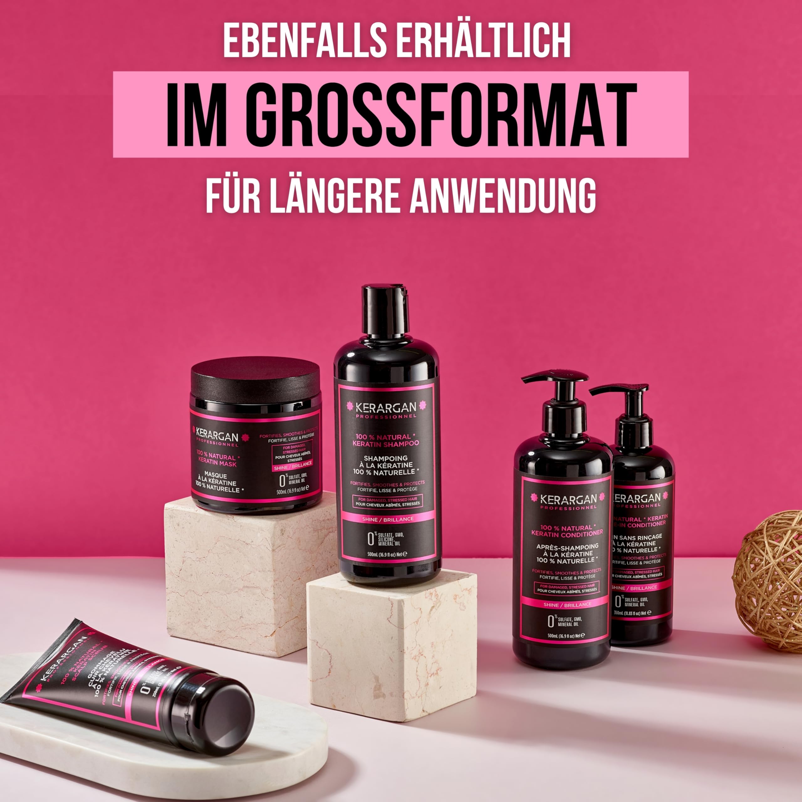 KERARGAN - Keratin 4er Haarpflege-Set Reparatur - 3x250ml+50ml | Shampoo, Conditioner, Haarmaske und Haarserum, komplette Routine zum Reparieren, Glätten und Schützen