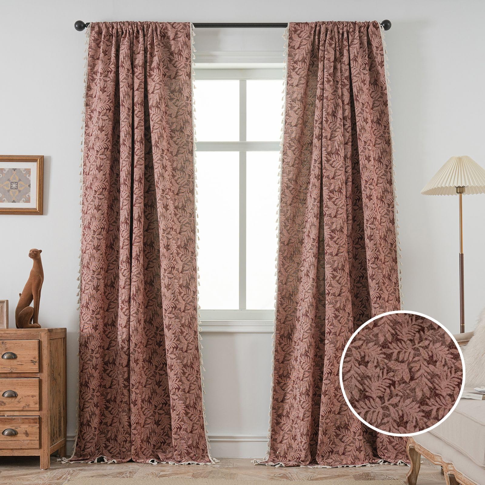 vctops Jacquard Curtains 2 Panels Set with Tassels for Bedroom Living Room Windows Thermal Insulated Room Darkening Rod Pocket Curtains (Pink Leaf,59"