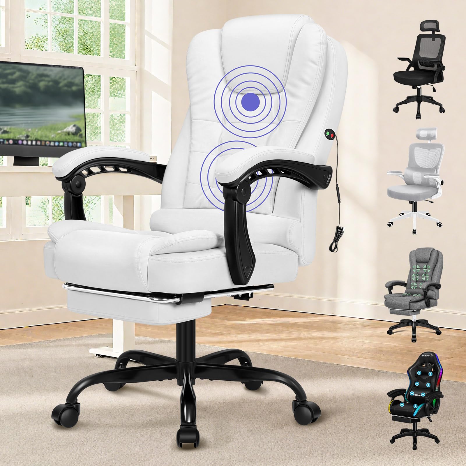 ELFORDSON Home Office Chair with Massage Function, PC Chairs with Footrest for Home Executive Office PU leather Chair, Office Chairs for Office, White โ image 1