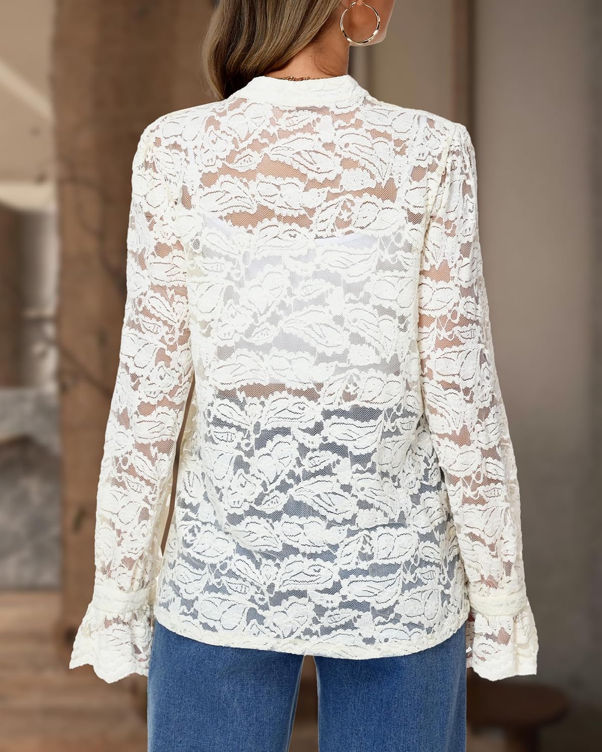 Long Sleeve Lace Blouse for Women Dressy Button Down Shirt Crew Neck Eyelet Top Elegant Casual Work Wear - Image 6