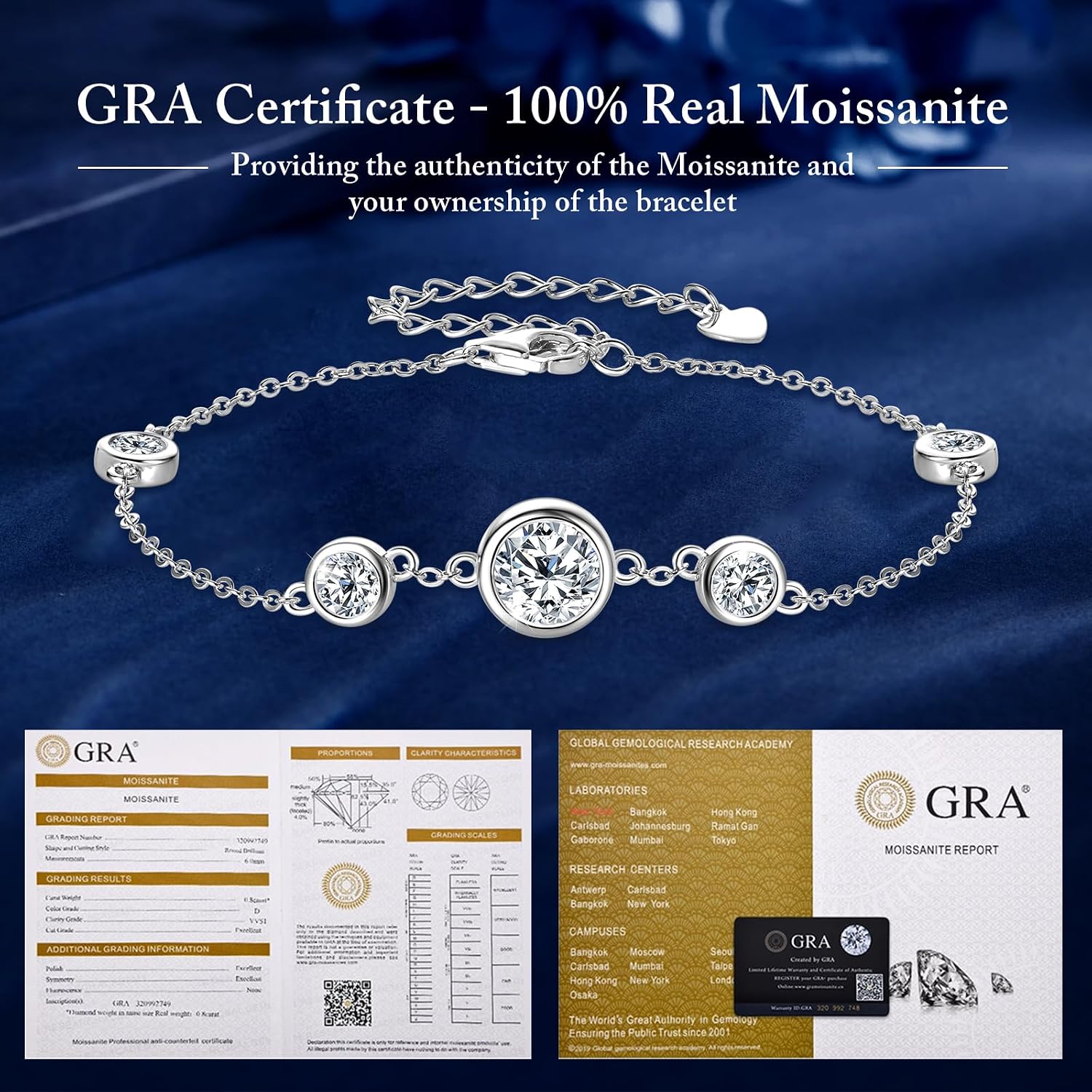 WOAINI Adjustable Sterling Silver Bracelet with 4 or 5 Moissanite Pendants Bezel-Setting, Moissanite bracelets Diamond-Alternative Gift for Women, 6.5"+2", Gold-Plated