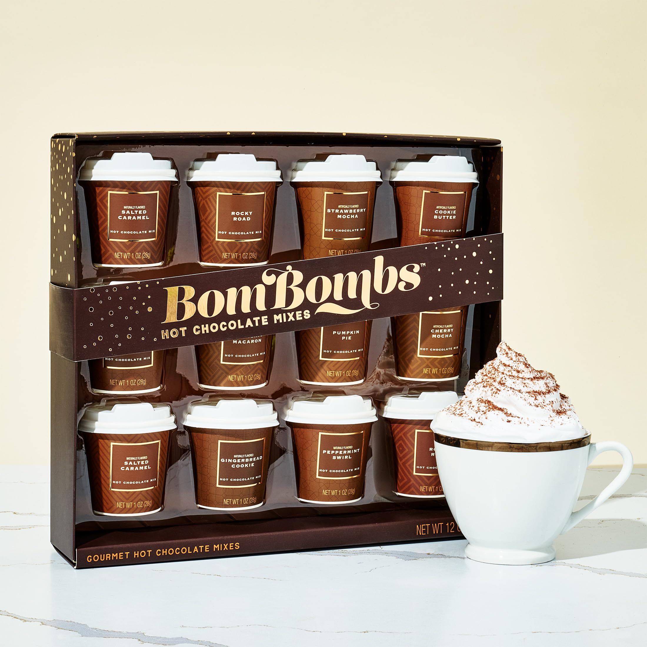 Set regalo di mini cioccolata calda BomBombs in confezione marrone esclusiva, i gusti dessert includono Rocky Road, Cookie Butter, Pumpkin Pie e altro, set da 12