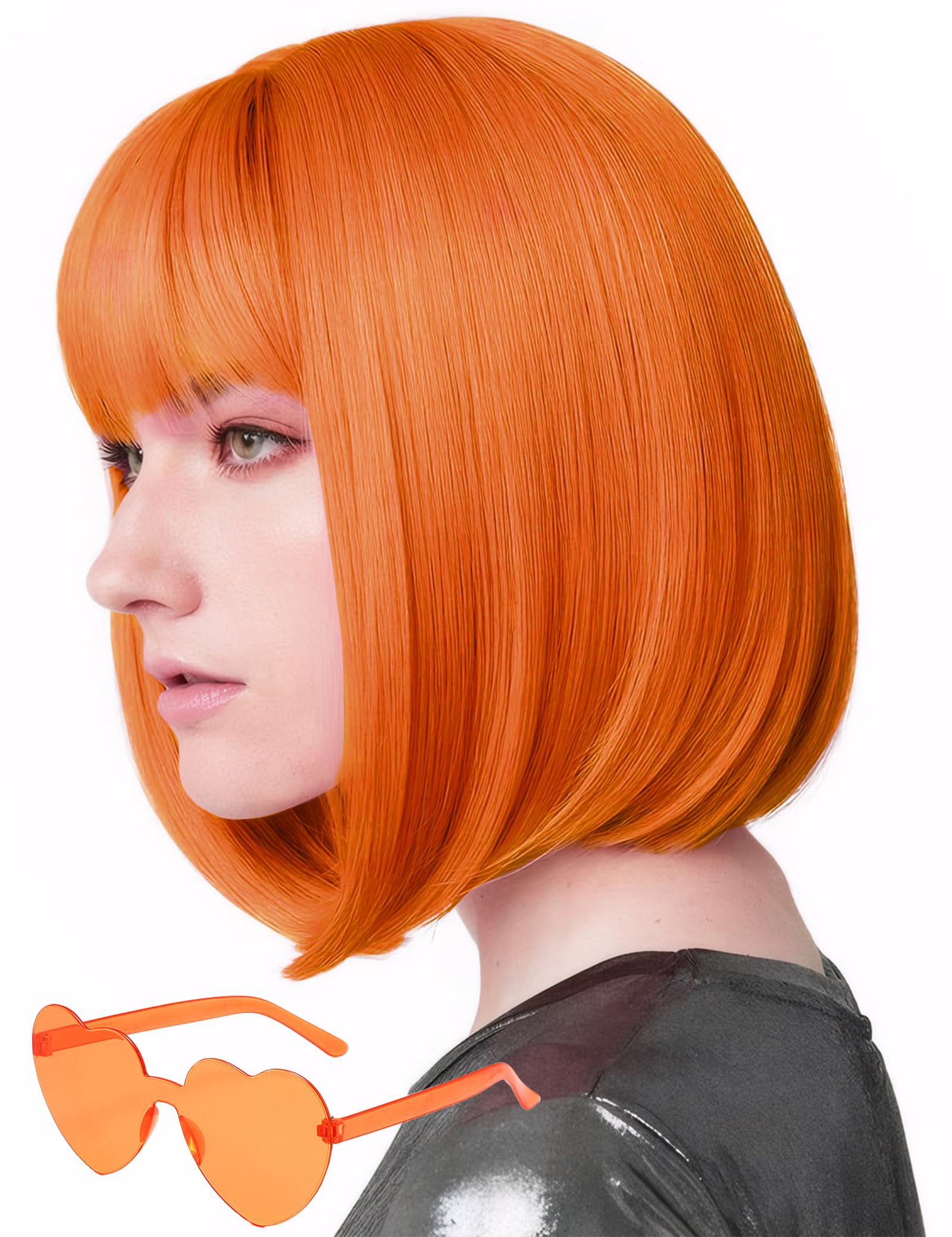 MIUSKATL Wig and Sunglasses 12 Inch Short Bob Wigs with Bangs for Women Costume Cosplay Party (Orange)