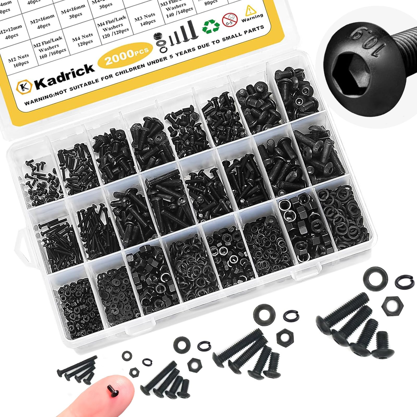 Kadrick Metric Screw Assortment, 2000PCS Metric Bolt Assortment Kit M2 M3 M4 M5 Machine Screws with Lock & Flat Washers, Grade 10.9 Alloy Steel Hex