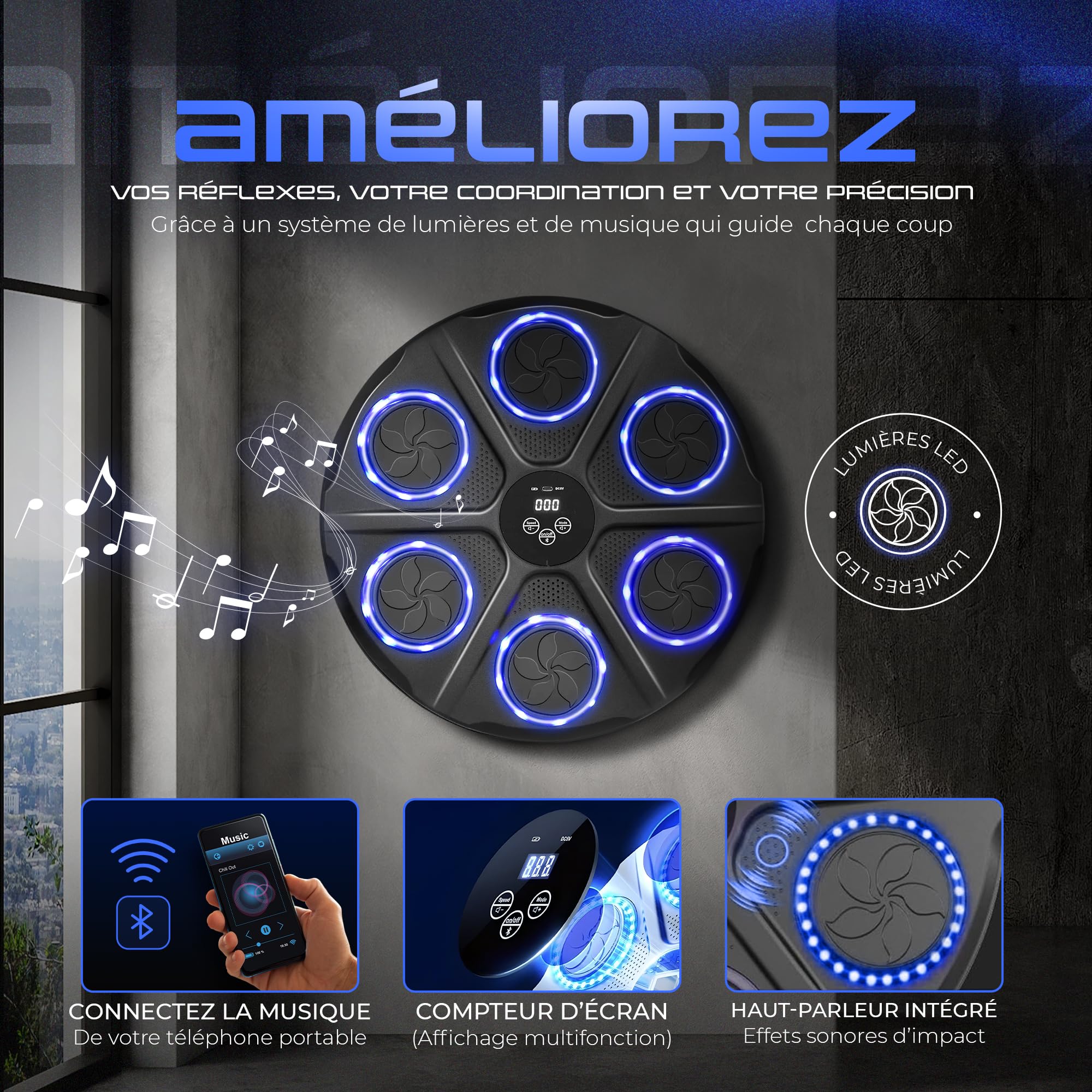 EZERO Machine Beatpunch Boxe Adulte Bluetooth LED Entraînement interactif Boxe Mural Musique Améliore Réflexes Endurance Set Complet