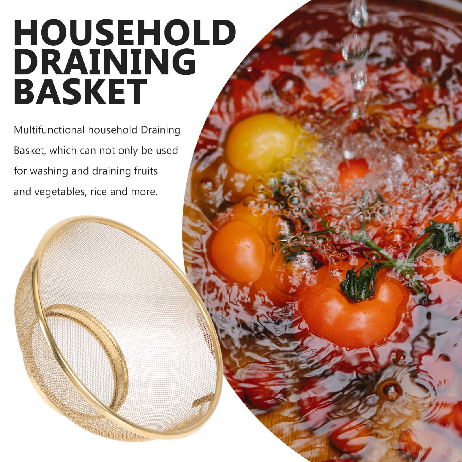 Colino a Rete in Acciaio Inossidabile Color Oro da 20 cm con Ganci per Appendere Riso, Pasta, Verdure e Frutta