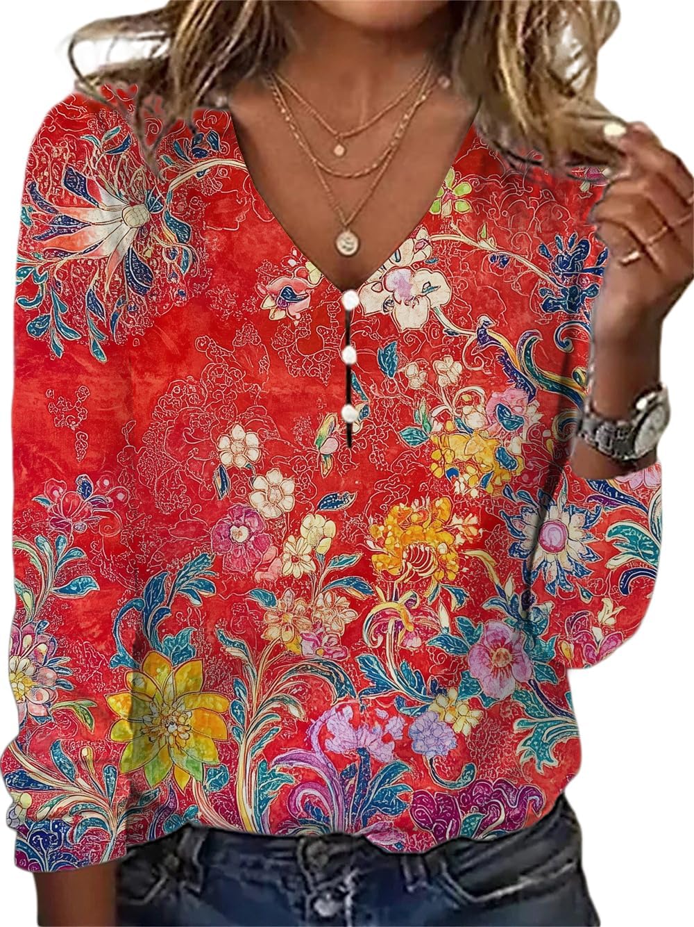 Long Sleeve Shirts for Women Boho Floral Print V Neck Dressy Casual Summer Blouses Vintage Tunic Tops